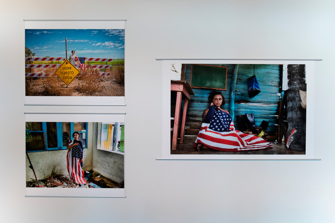 display of three images featuring an individual holding an American flag by Joann Quinones