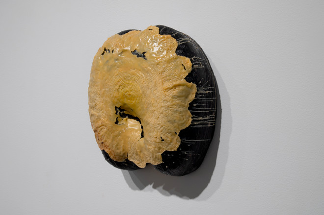 black and yellow sculpture by Jada Patterson hanging on the wall