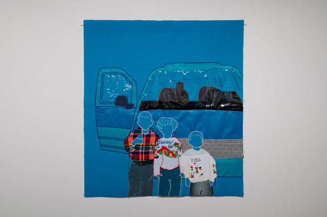 art piece of children standing in front of a vehicle using materials of repurposed family clothes by Arleene Correa Valencia