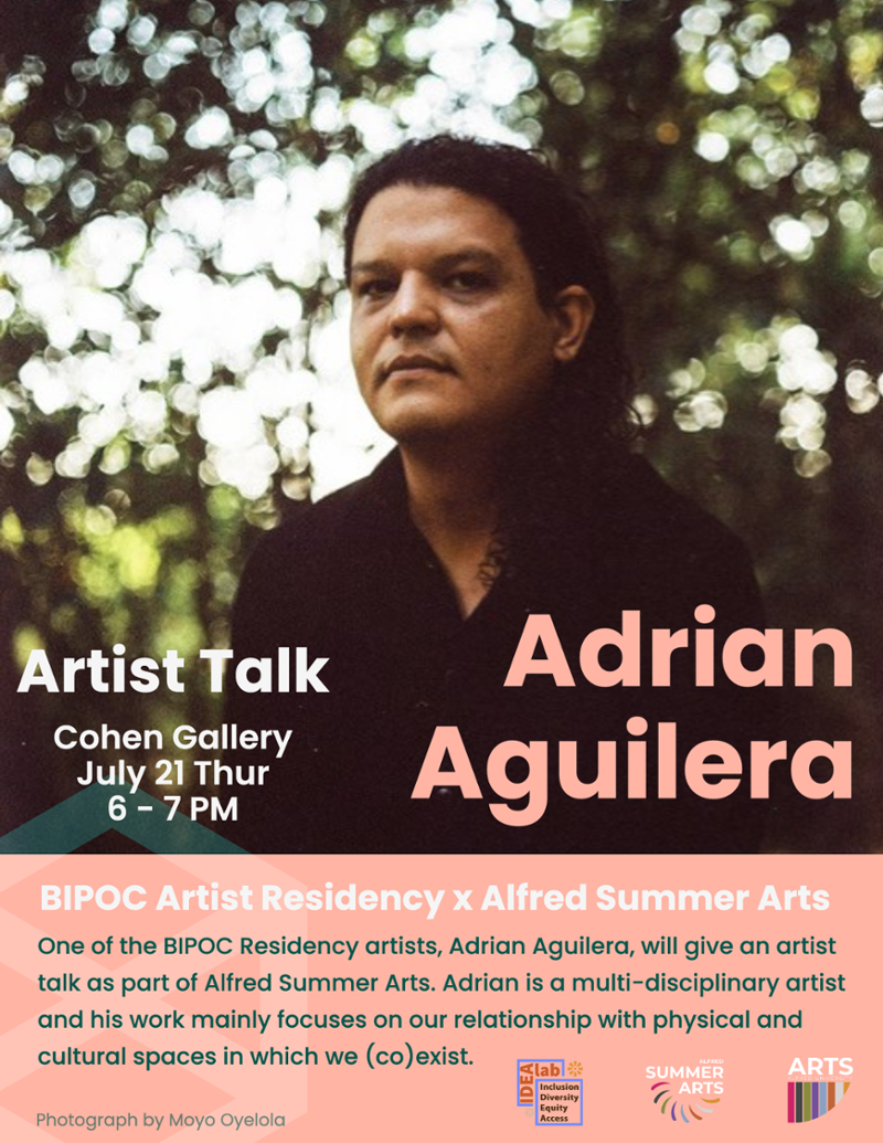 poster with talk information with image of the artist photographed outside in the summer